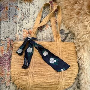 Draper James Tan and Blue Woven Tote Bag with Floral Scarf